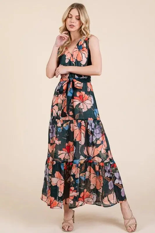 Lime 'N' Chili Floral Print Sleeveless Tie Waist Maxi Dress - Love Salve